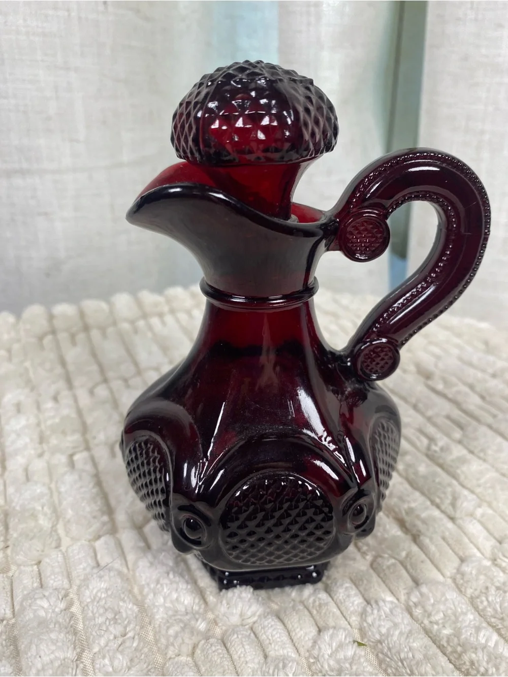 Vintage Avon 1876 Cape Cod Ruby Red Glass Cruet Decanter - Full w/ Original Oil
